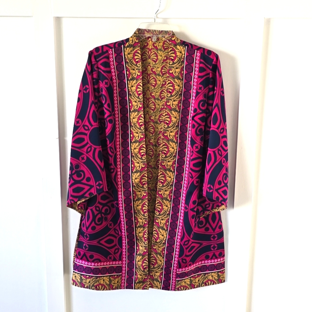 CHICOS Reversible Printed Kimono Size Pink Mustard Topper Open Front Small